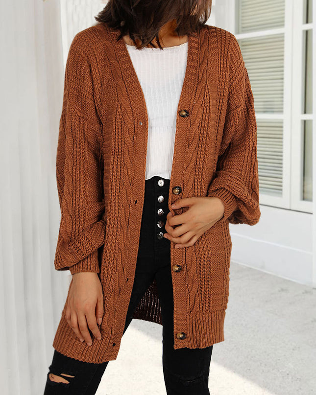 Autumn New Knitted Solid Color Plus Size Cardigan V-neck Twist Lantern Sleeve Coat For Women