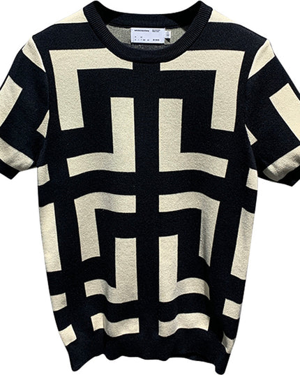 Men's New Fashion Versatile Geometric Jacquard Sweater Half Sleeve Round Neck