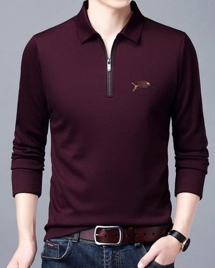 Spring And Autumn Men Long Sleeve Lapel Half Zip T Shirt