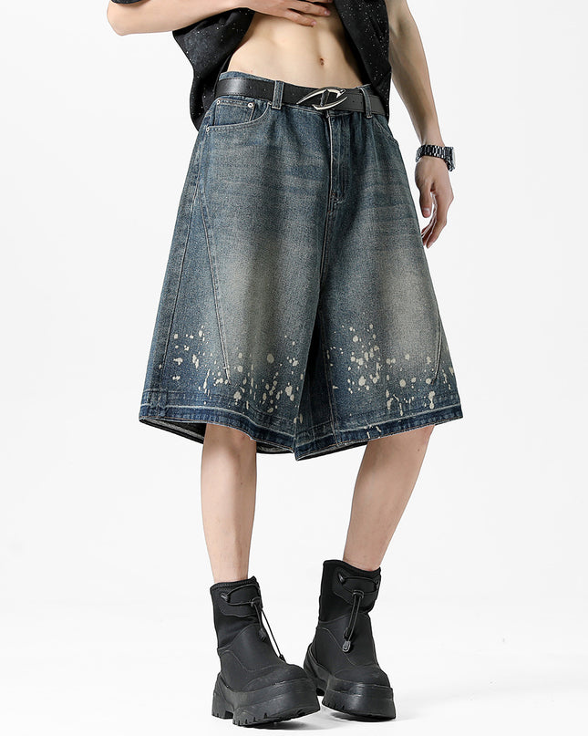Retro Washed Ripped Splash Ink Five Points Denim Men's Shorts