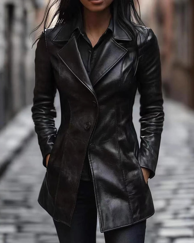 Women's PU Mid-length Casual Fashion Leather Coat
