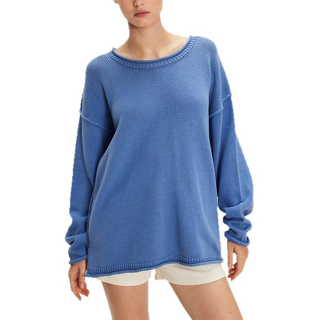 Women's Knitted Solid Color Round Neck Pullover Loose Sweater