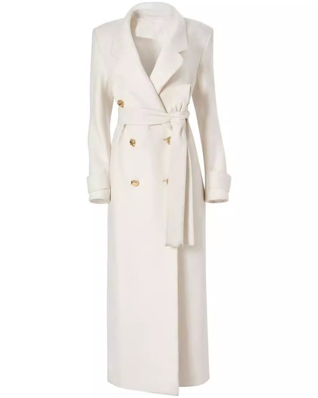 Elegant Double Breasted Lace Up Slim Fit Extended Women's White Back Slit Overcoat Coat
