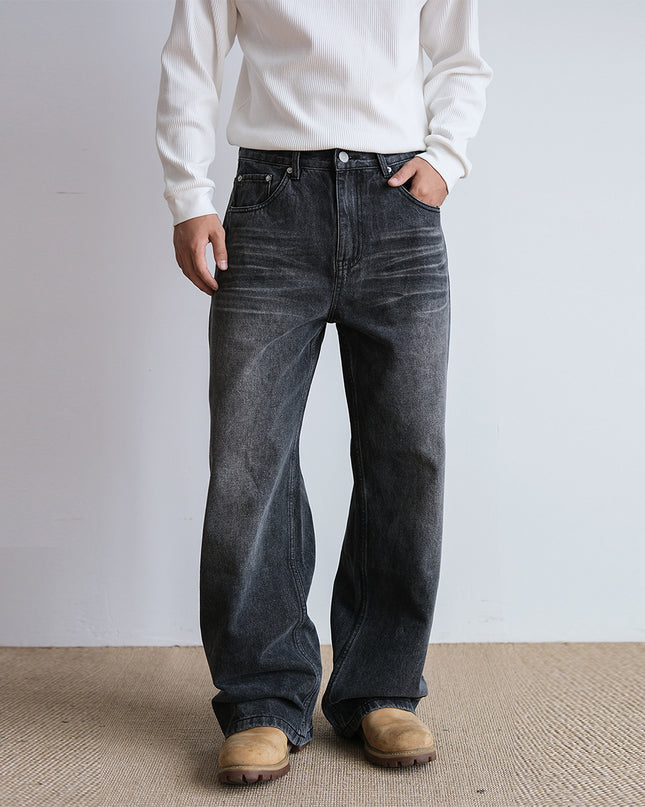 Men's Straight Retro Black Washed Jeans