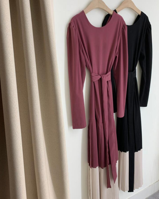 Round Collar Color Patchwork Pleated Dress Long Skirt Woman