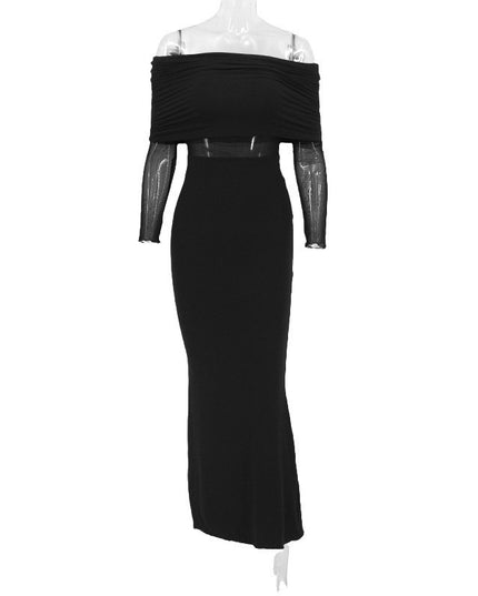 Women's Winter Sexy Off-the-shoulder Pleated Long Sleeve Polyester Dress