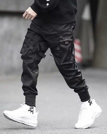 Ribbons Harem Joggers Men Cargo Pants Streetwear Hip Hop Casual Pockets Cotton Track Pants