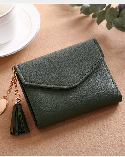 Women's short Korean version of the bag Tassel pendant lychee wallet multi-card position Clutch bag