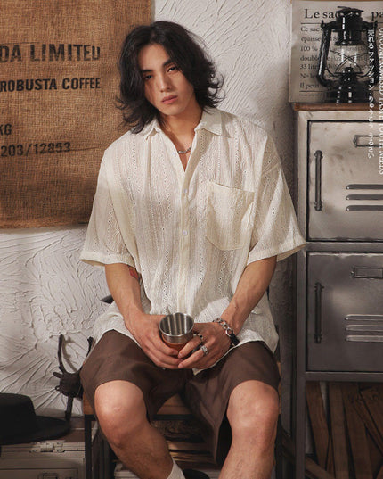 Retro Niche Design Hollow-out Short-sleeved Shirt For Men