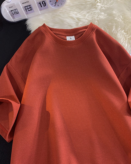 Men's Casual Solid Color Waffle Short Sleeved Shirt