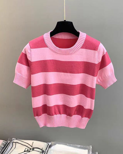 Summer New Striped Short Sleeve Women Slim Fit Slimming Top