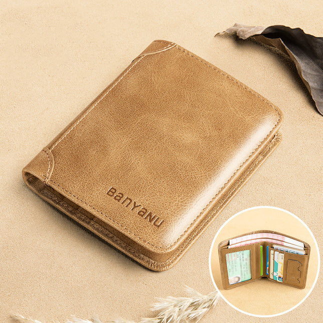 Men's Short Matte Leather Tri-fold Vertical Wallet