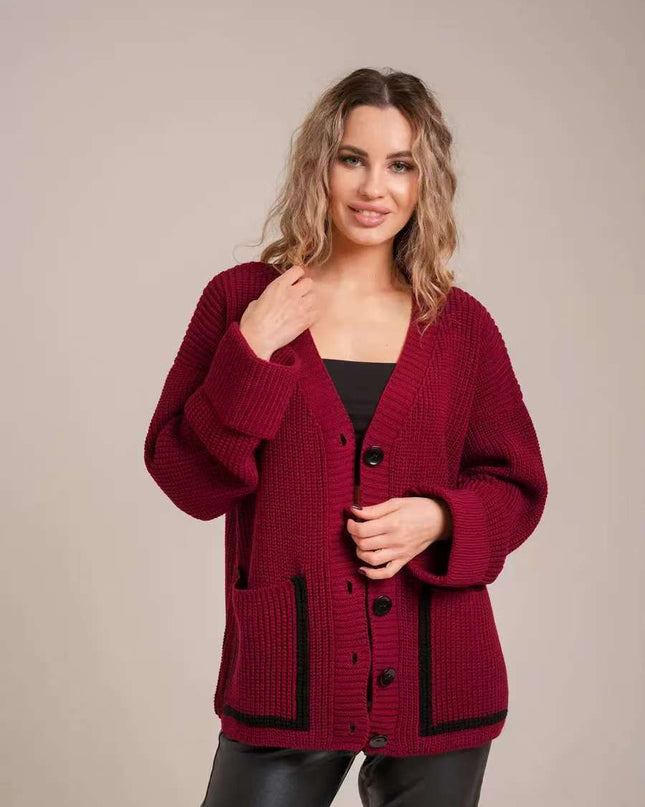 Loose-fitting V-neck Pocket Contrast Color Knitted Cardigan Sweater Coat