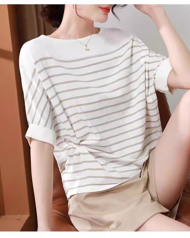 Women's Off-neck Ice Silk Short Sleeve Knitwear All-match Loose Striped Top