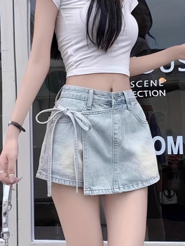 Fake Two-piece Denim Shorts Skirt For Women High Waist Irregular Design Strappy Skirt Pants