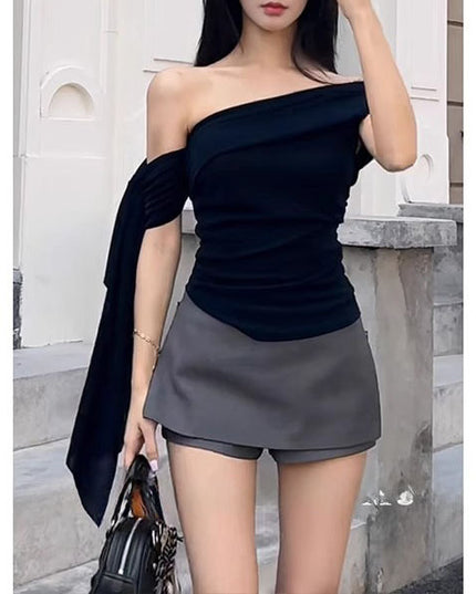 Navy Blue Ribbon Off-shoulder Short Sleeve