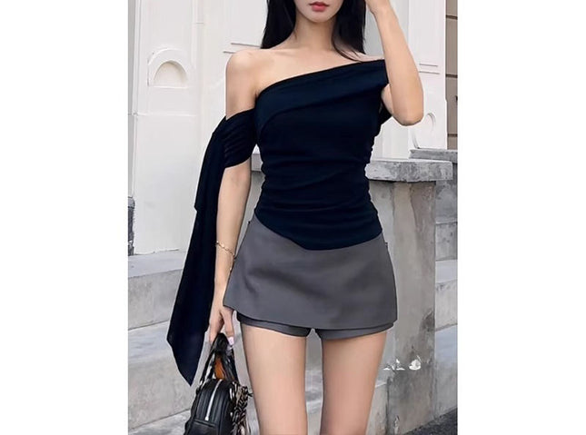 Navy Blue Ribbon Off-shoulder Short Sleeve