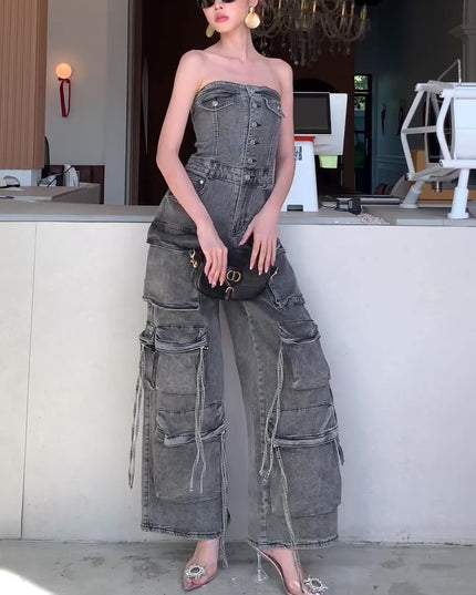 Denim Tube Top Single-breasted Jumpsuit