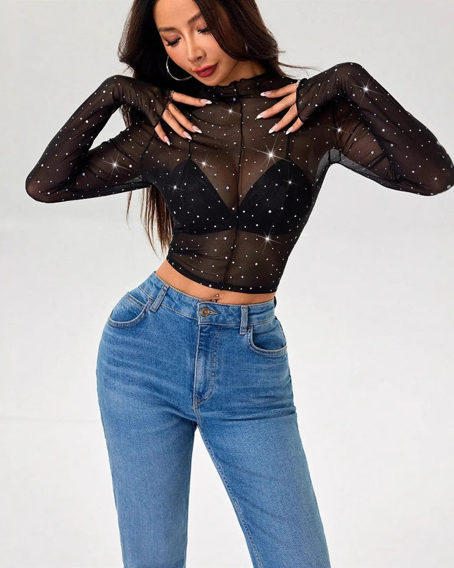 Stand-up Collar Long-sleeved Mesh Transparent Sequined Decorative T-shirt Top