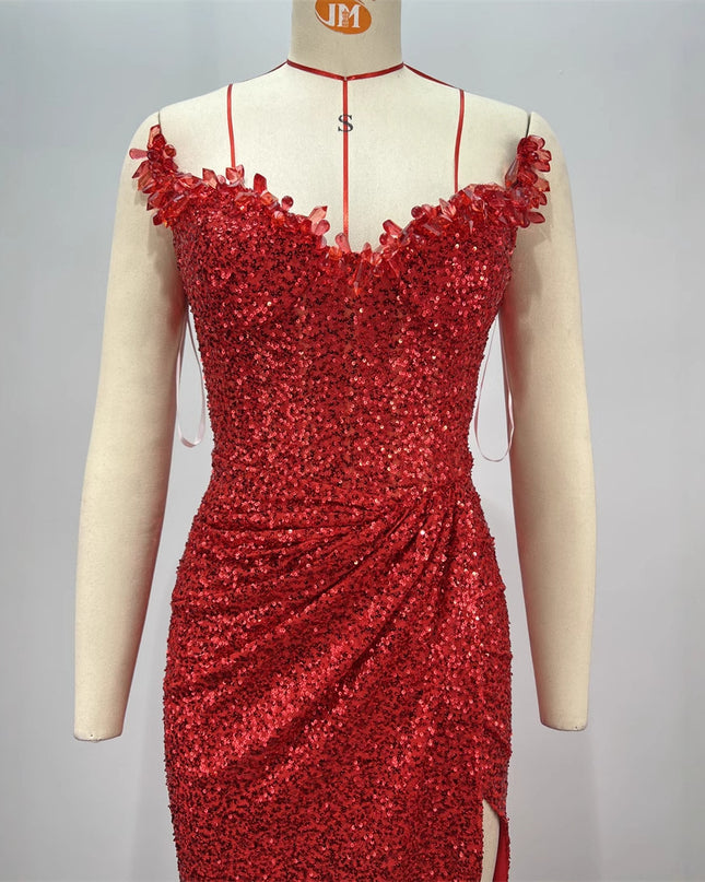 Drop-shaped Diamond Sexy Low-cut High Sitt Red Paillette Tube Coat And Dress