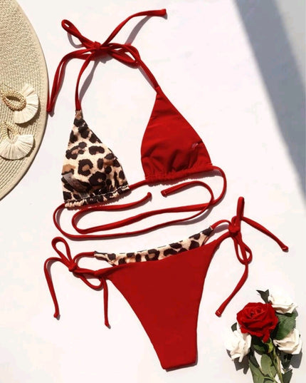 Women's Leopard Print Split Swimsuit Halter Lace-up Bikini Suit