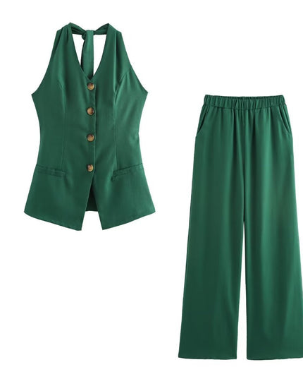 Classic Style Cotton And Linen Halterneck Vest Suit Women's Summer High-grade Trousers