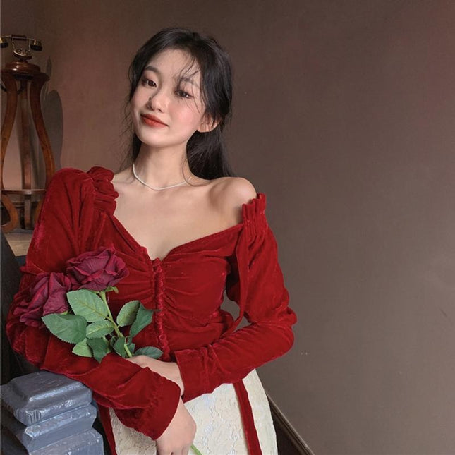 French Palace Style Red Shirt Women Autumn And Winter Style Self-cultivation