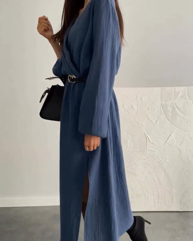 Fashion Long Sleeve Solid Color Waist Tight Dress