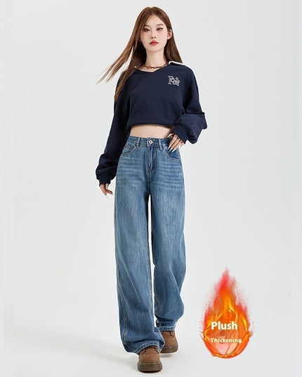 Vintage Blue High Waist Velvet Padded Straight Jeans