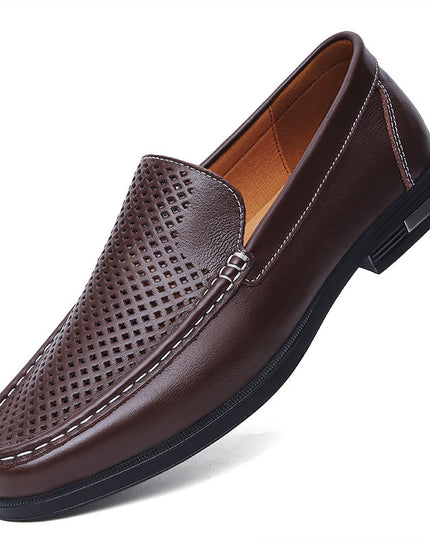 Cowhide Loafers Men's British Business Dress Slip-on Hollowed-out Breathable Leather Shoes