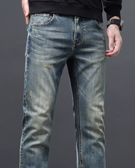 Men’s Slim Straight Elastic Business Casual Pants | Retro Blue Mid-Waist