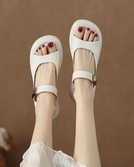 Peep Toe Flat For Outdoors French Soft Leather Platform Sandals