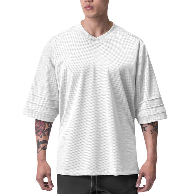 Quick-drying Solid Color Drop Shoulder Mesh V-neck Short Sleeve