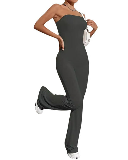 Solid Color Strapless Tube Top Flared Fit One-piece Trousers