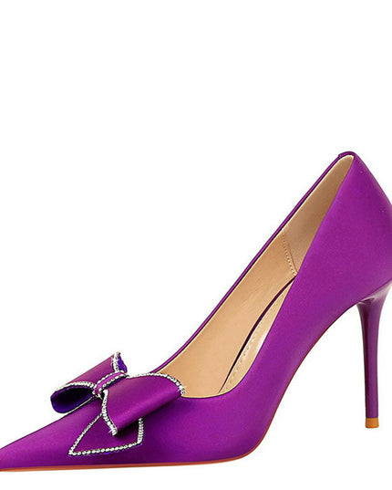 Rhinestone Bow Stiletto Heel Pumps Pointed High Heels