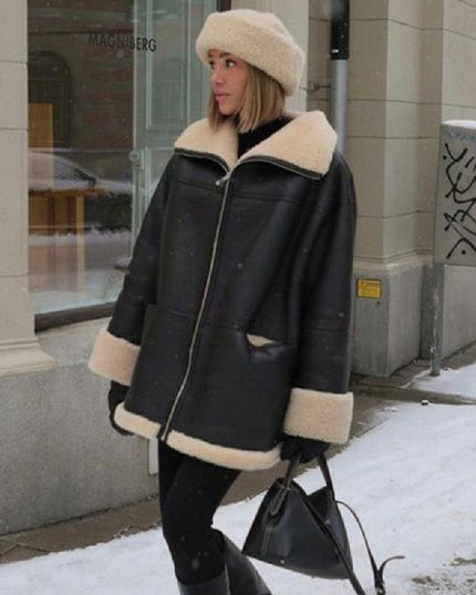 Fashion Cashmere Leather Fur Collar Composite Leather Coat