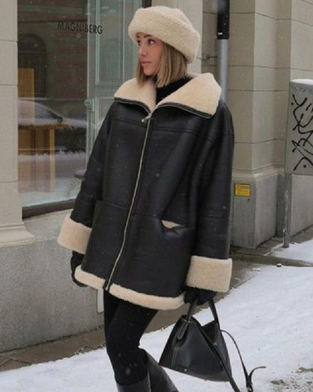 Fashion Cashmere Leather Fur Collar Composite Leather Coat
