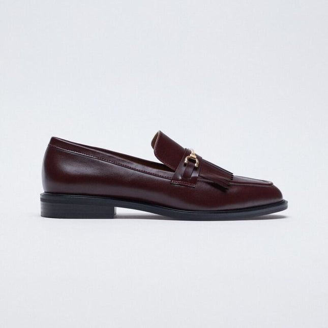 Flat-heel Brown Leather Solid Color Round Toe Low-top Commuter Shoes
