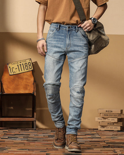 Motorcycle Jeans Korean Style Slim-fitting Ankle-tied High-end Men's Casual All-matching Stretch Pants