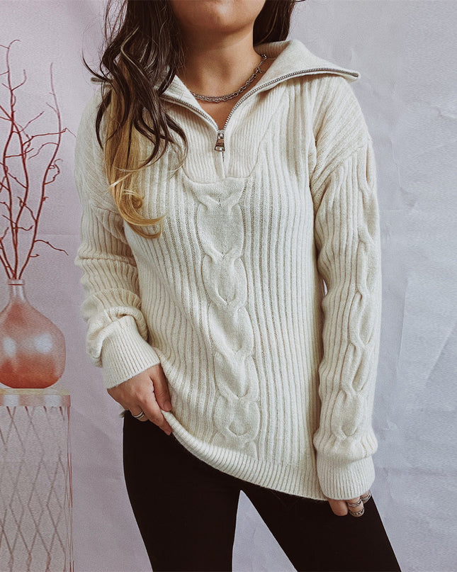Twist Vertical Stripes Zipper And Lapel Long Sleeve Sweater