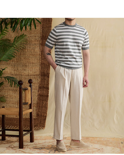 Striped Navy-striped Shirt Breathable Tencel Cotton Round Neck Short Sleeve T-shirt