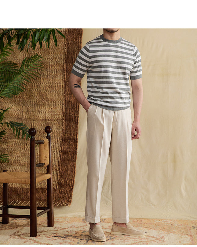 Striped Navy-striped Shirt Breathable Tencel Cotton Round Neck Short Sleeve T-shirt