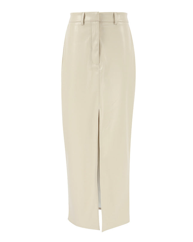 French Style Khaki PU Leather Skirt Women's Simple Split High Waist Straight Dress
