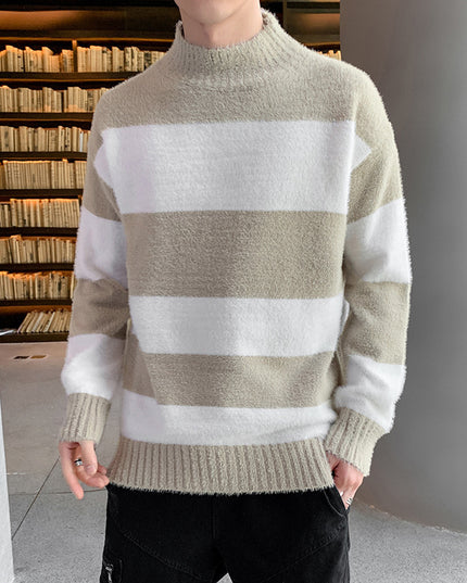 Half High Collar Pullover Striped T-Shirt