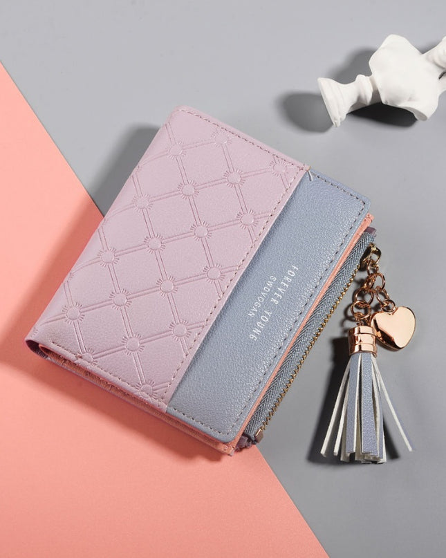 Contrast embossed zipper handbags tassels high-grade soft leather wallet simple coin purse
