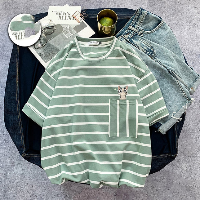 Men's Striped short sleeve T-shirt fat trend to add fat