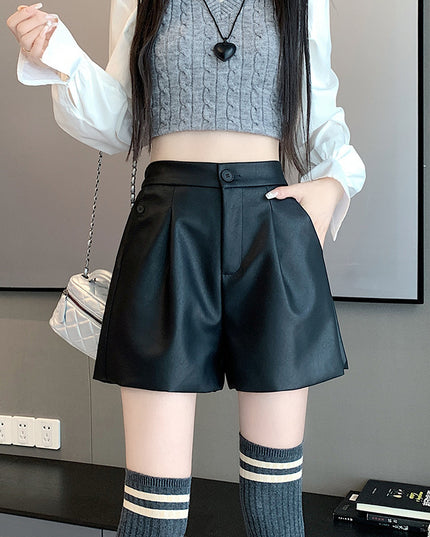 High Waist Casual Pants Brown Loose Wide-leg Leather Pants