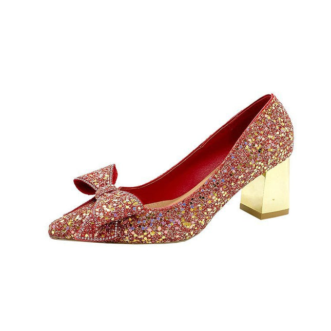 Crystal Sequins Wedding Xiuhe Chunky Heel Pointed-toe Shoes