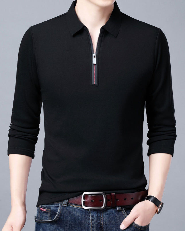Spring And Autumn Men Long Sleeve Lapel Half Zip T Shirt