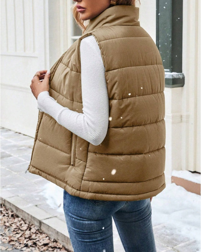 Women's Casual Zipper Closure Stand Collar Padded Padded Puffer Vest